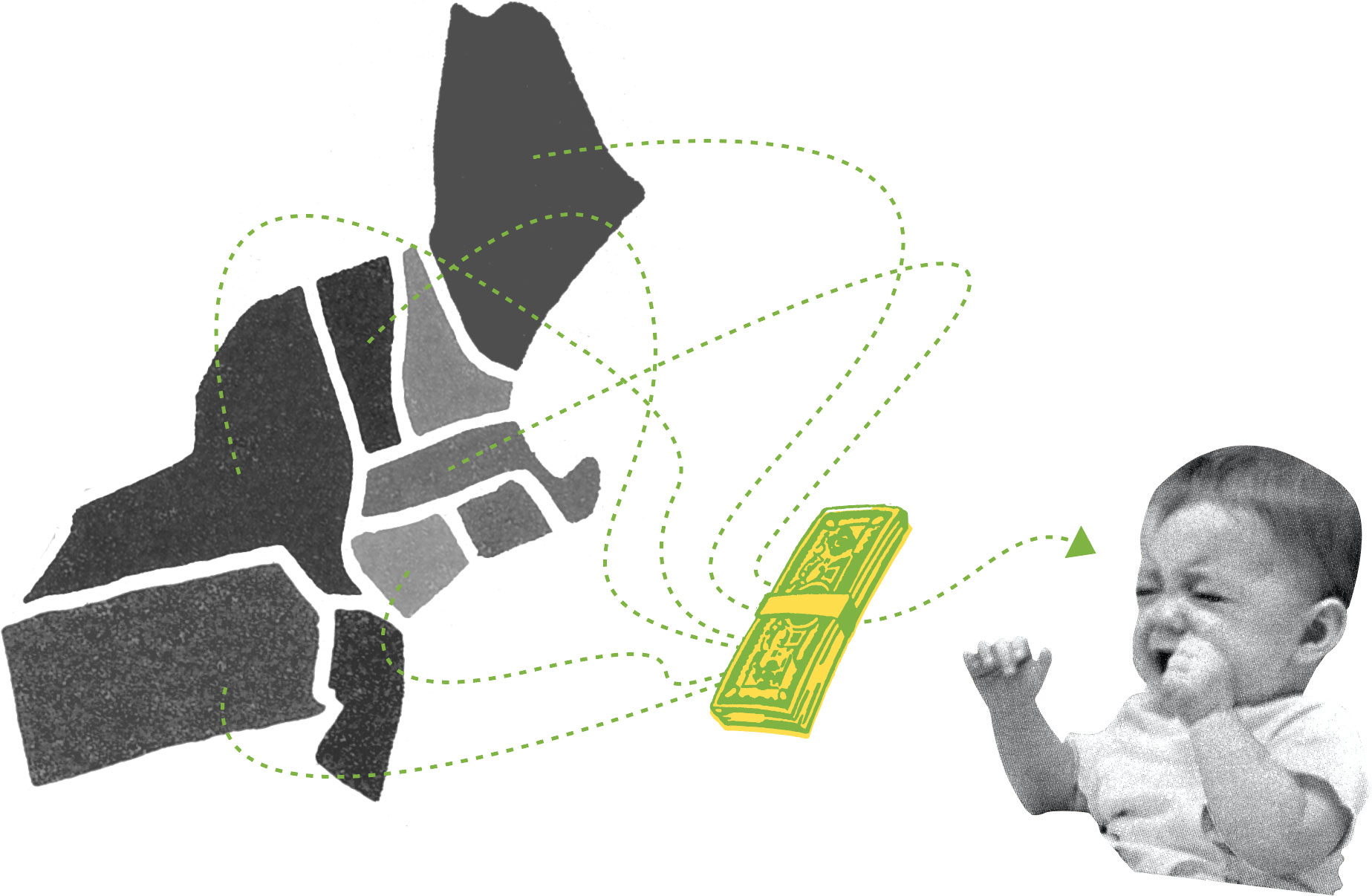 Several states distributing cash to a baby