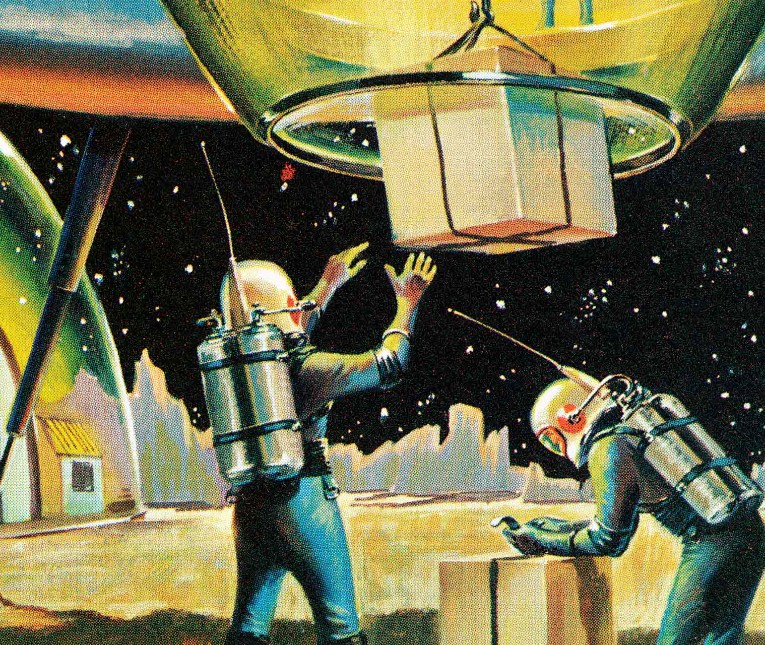 Futuristic workers retrieving boxes from a pneumatic tube