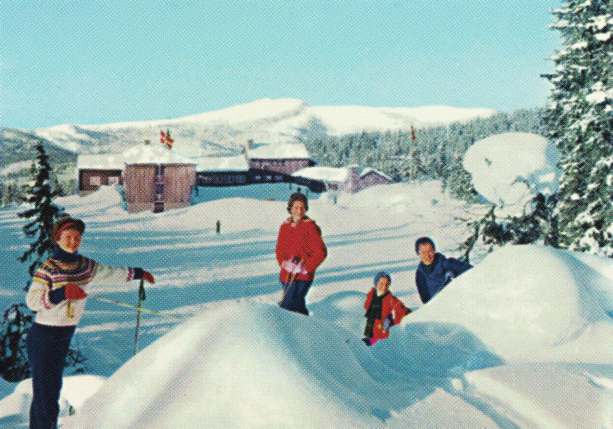 Vintage photo of a family skiing in Norway