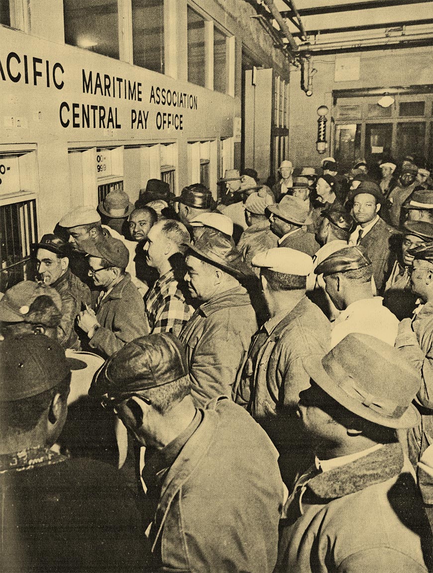 Pacific Maritime longshoremen lining up at the payroll windows